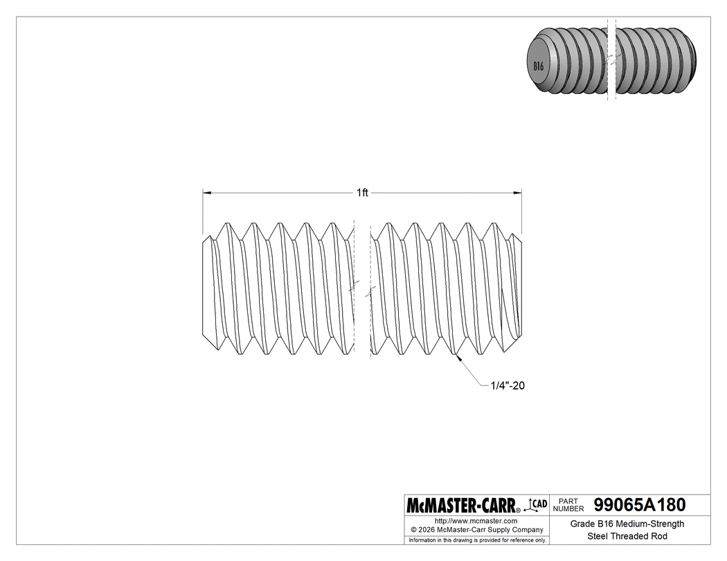 Technical Drawing of Grade B16 Medium-Strength Steel Threaded Rod, 1/4"-20 Thread Size, 1 Foot Long.